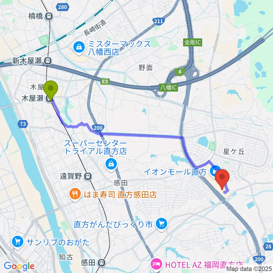 木屋瀬駅からTOHOシネマズ直方へのルートマップ地図