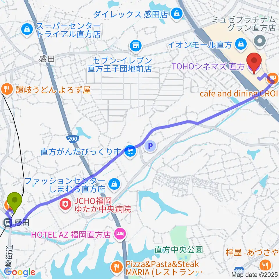 感田駅からTOHOシネマズ直方へのルートマップ地図