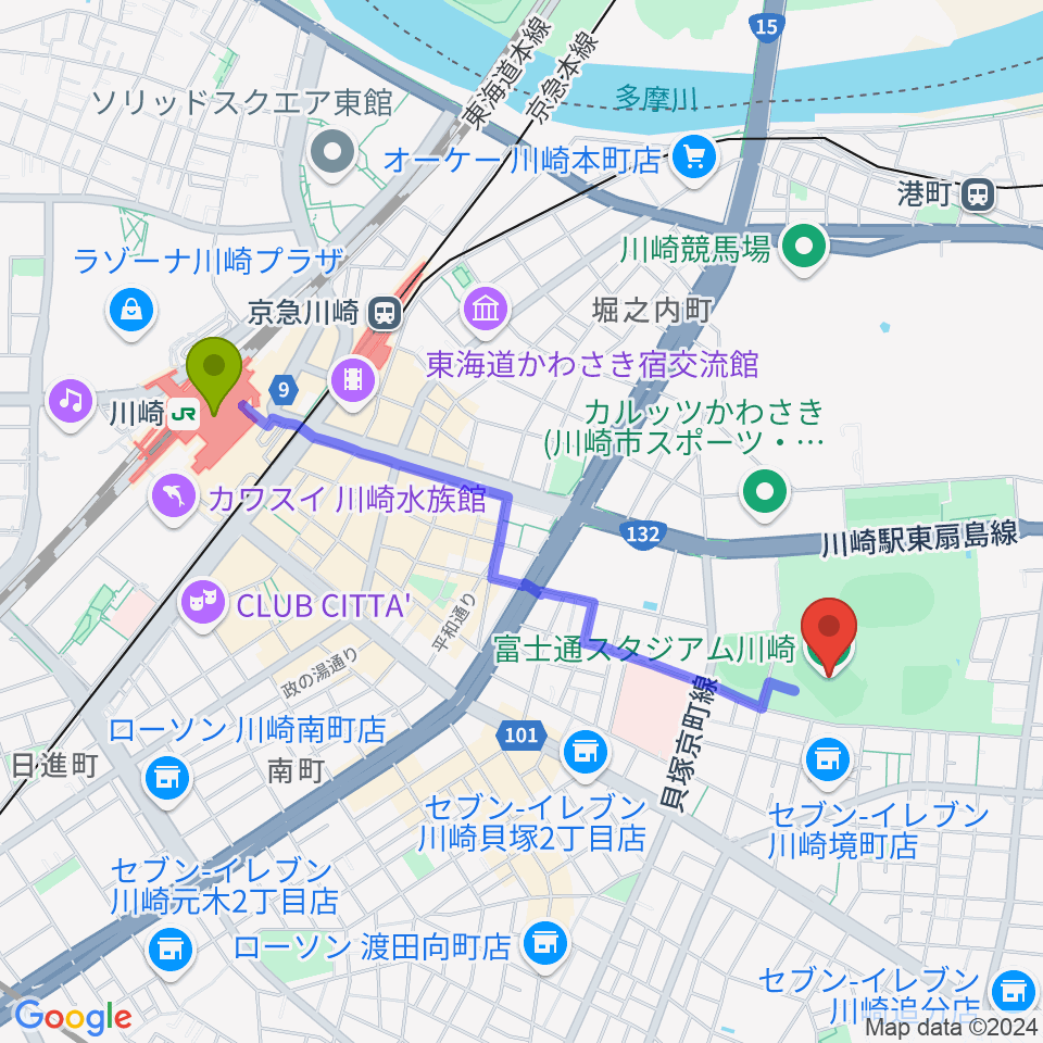 川崎駅から富士通スタジアム川崎へのルートマップ地図