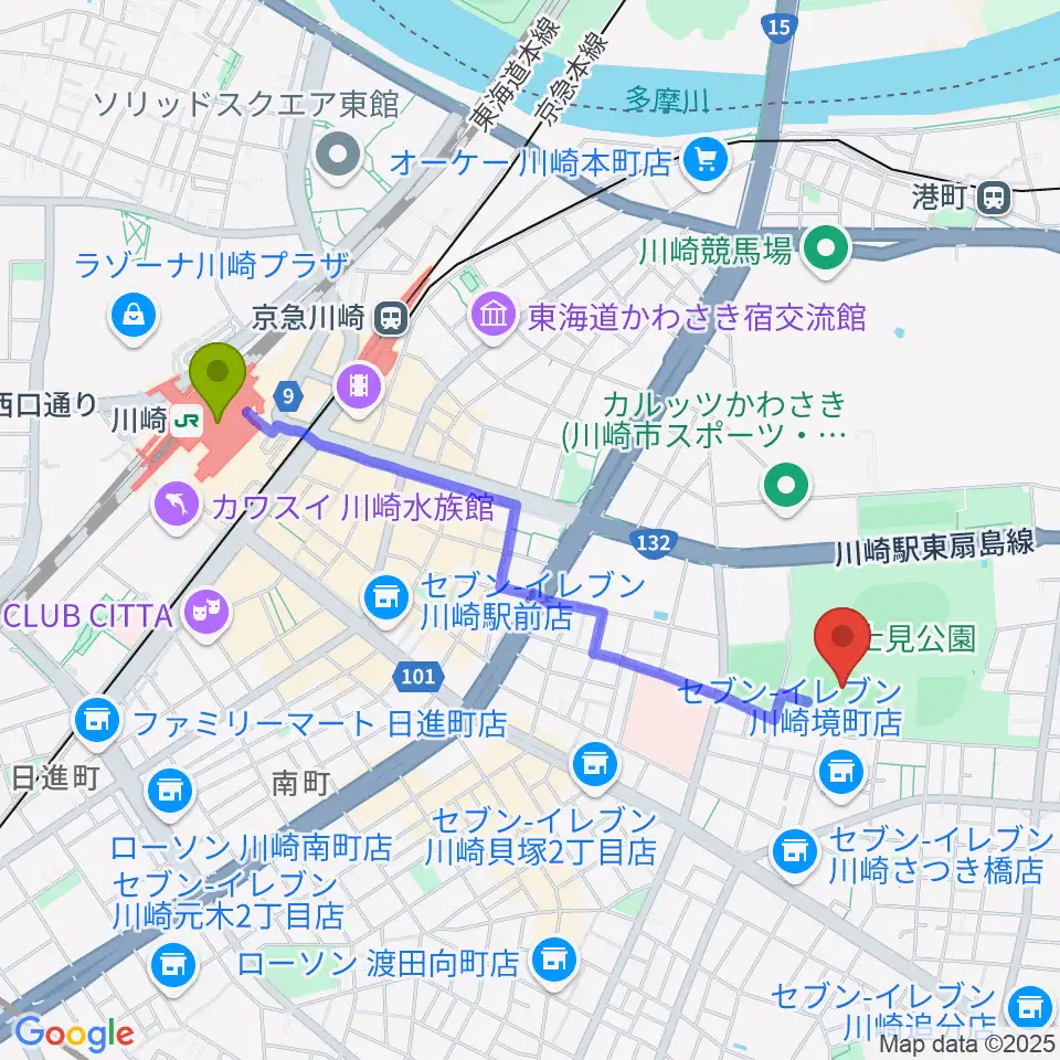 川崎駅から富士通スタジアム川崎へのルートマップ地図