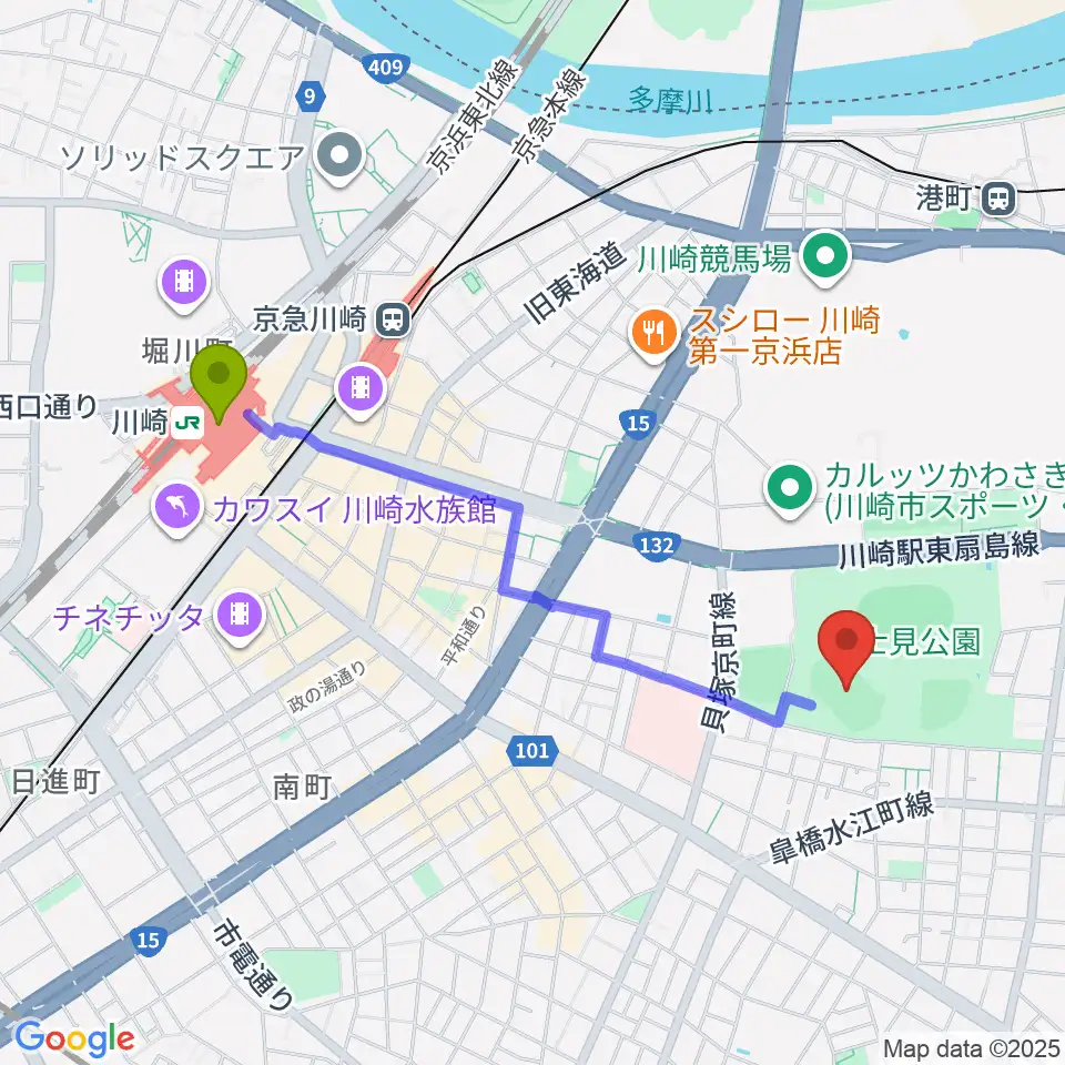 川崎駅から富士通スタジアム川崎へのルートマップ地図