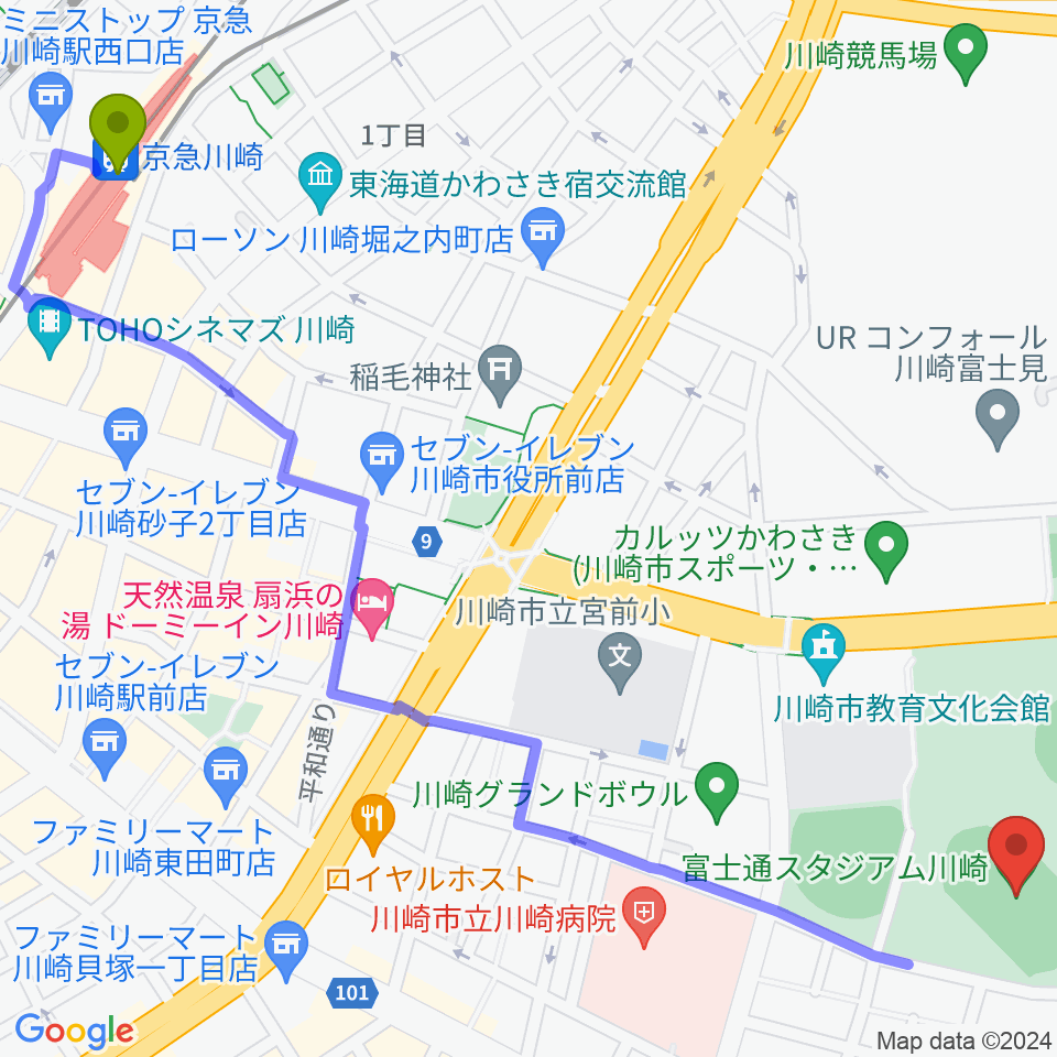 京急川崎駅から富士通スタジアム川崎へのルートマップ地図