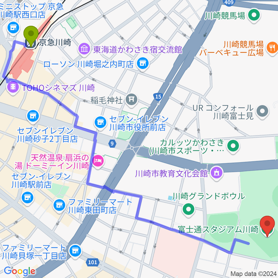 京急川崎駅から富士通スタジアム川崎へのルートマップ地図