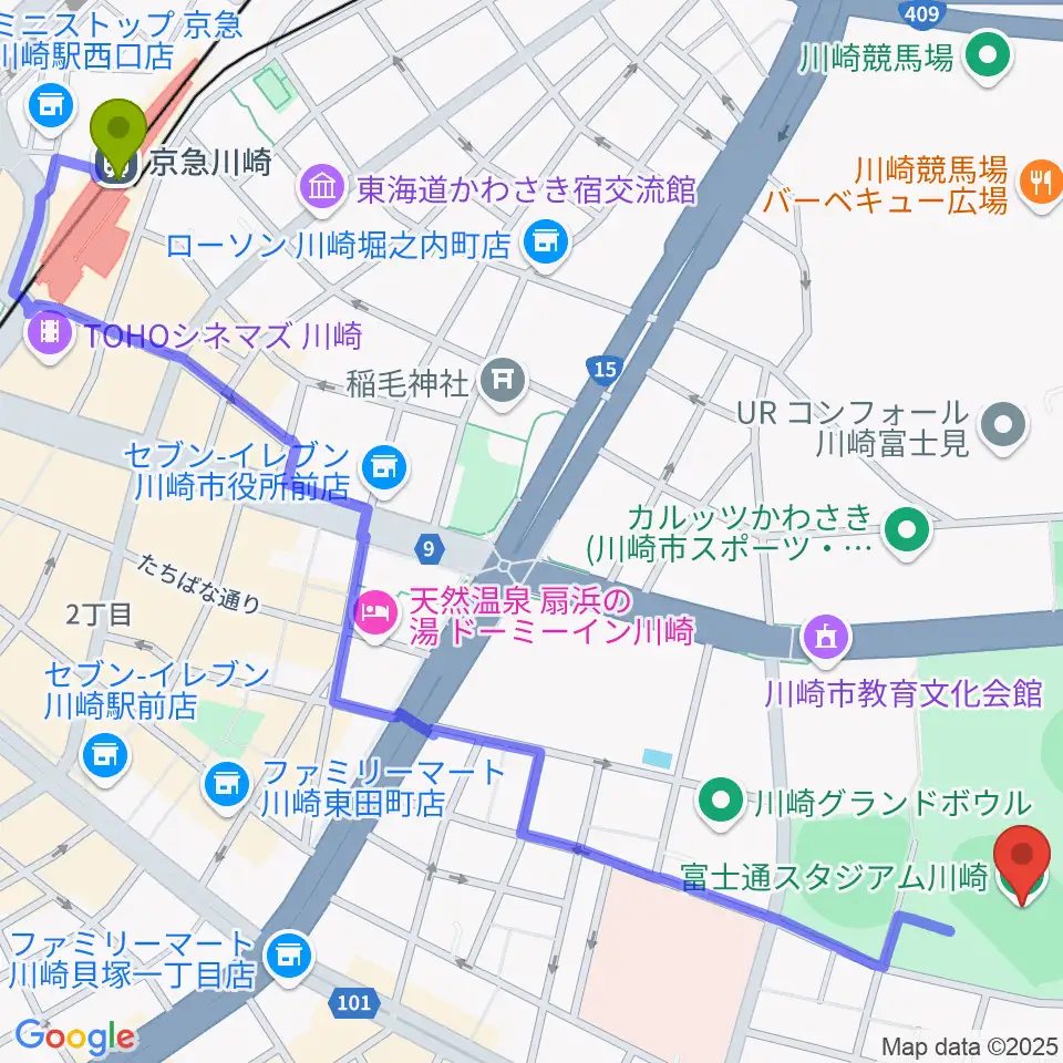 京急川崎駅から富士通スタジアム川崎へのルートマップ地図