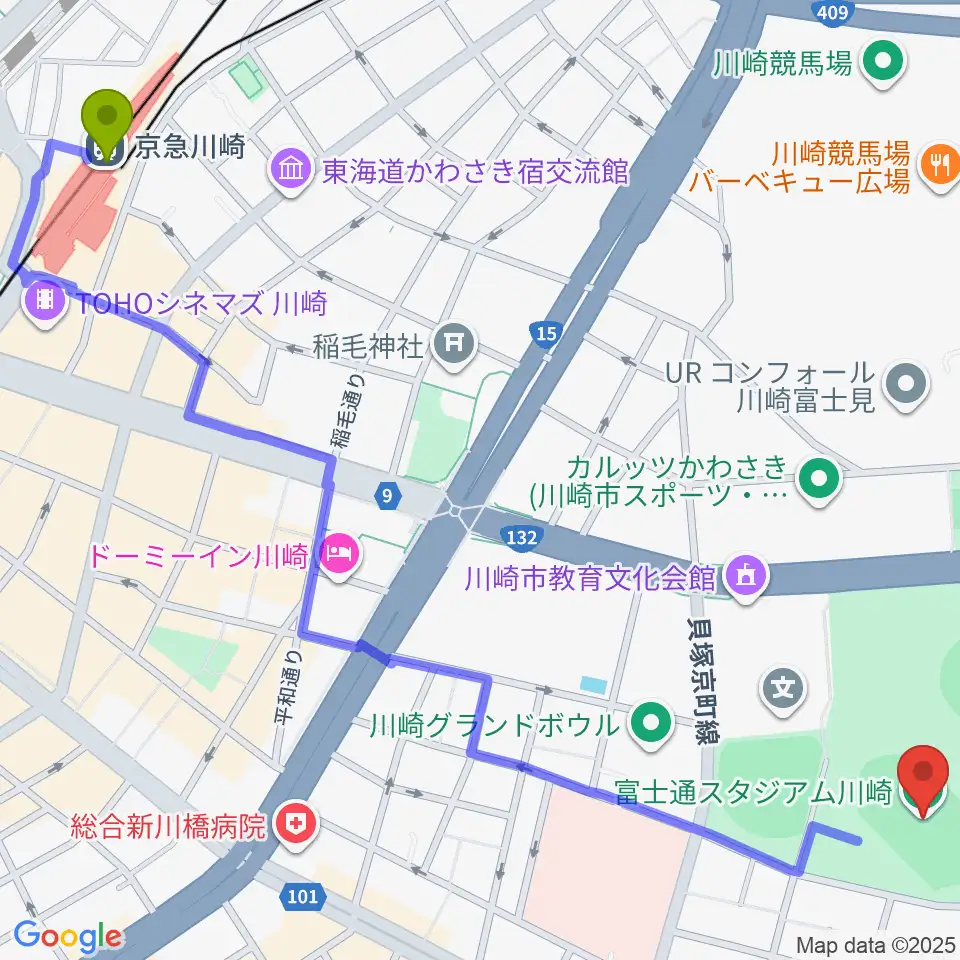 京急川崎駅から富士通スタジアム川崎へのルートマップ地図