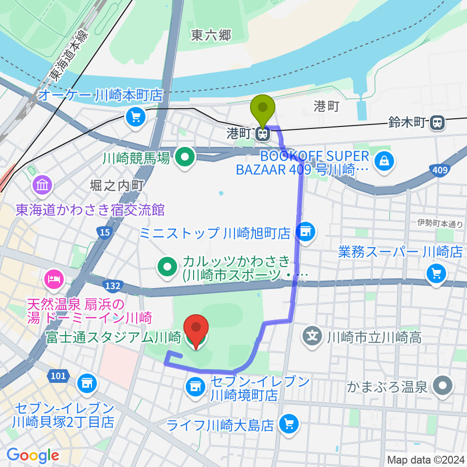 富士通スタジアム川崎の最寄駅港町駅からの徒歩ルート（約15分）地図