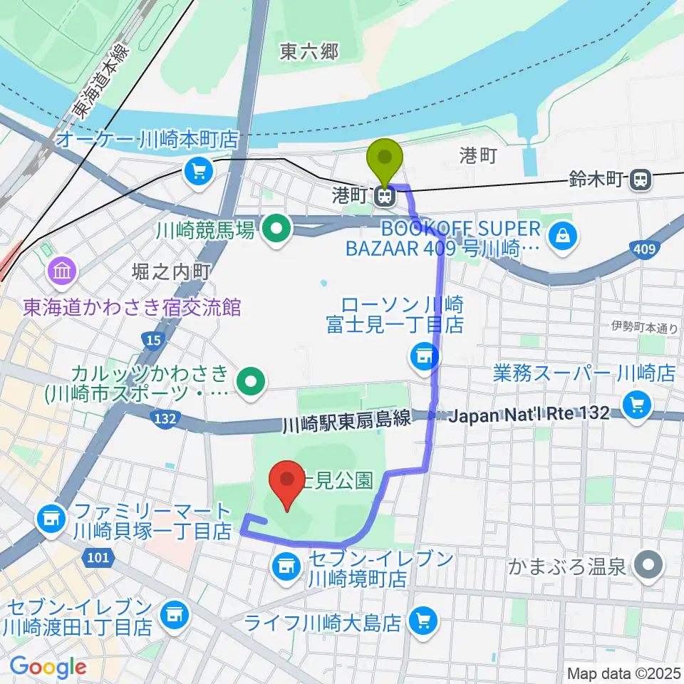 富士通スタジアム川崎の最寄駅港町駅からの徒歩ルート（約15分）地図