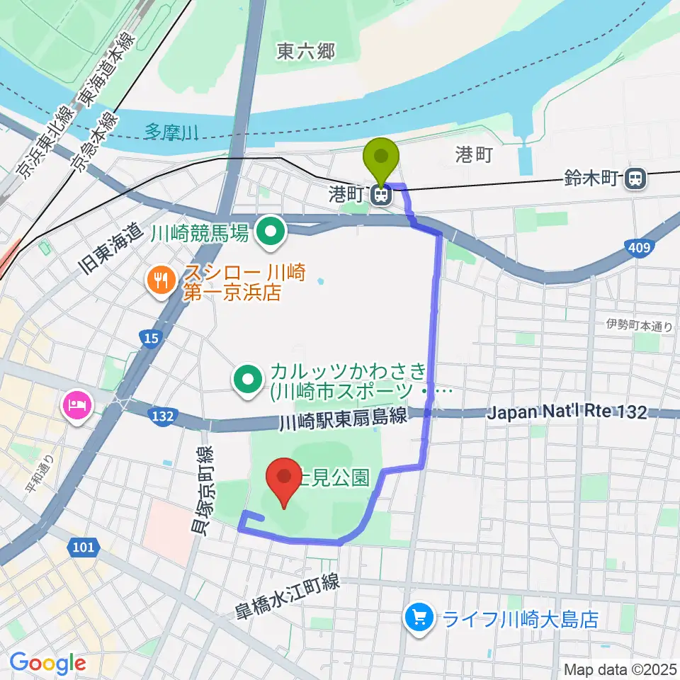 富士通スタジアム川崎の最寄駅港町駅からの徒歩ルート（約15分）地図