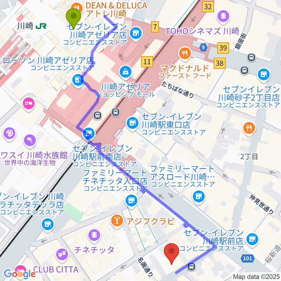 スタジオ太鼓庵の最寄駅川崎駅からの徒歩ルート（約7分）地図