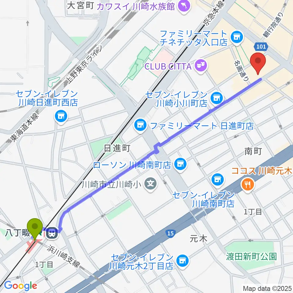 八丁畷駅からスタジオ太鼓庵へのルートマップ地図