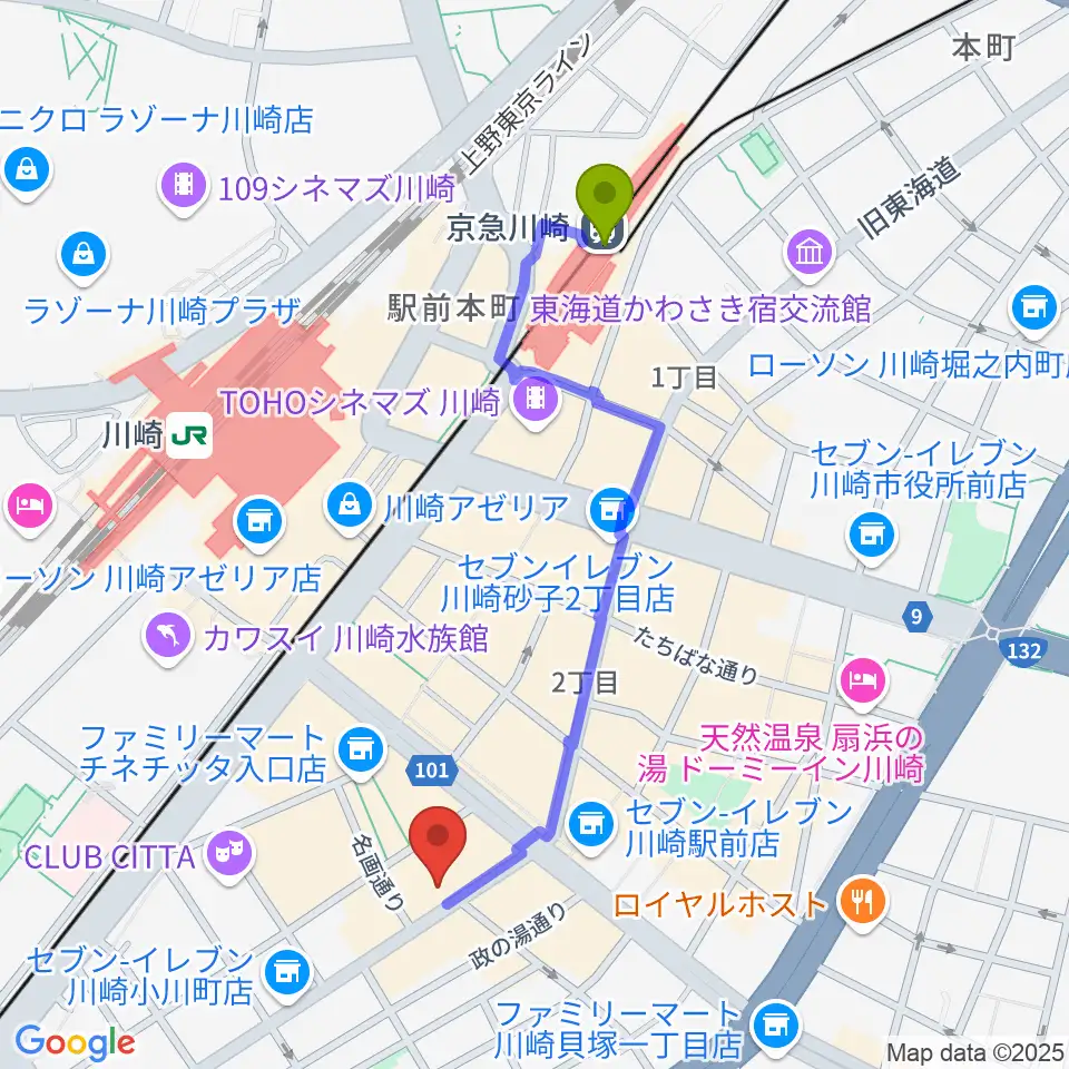 京急川崎駅からスタジオ太鼓庵へのルートマップ地図