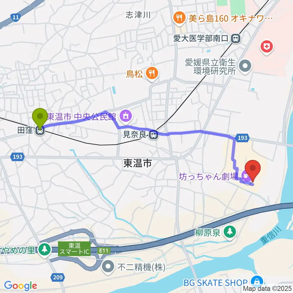 田窪駅から東温アートヴィレッジセンター・シアターNESTへのルートマップ地図