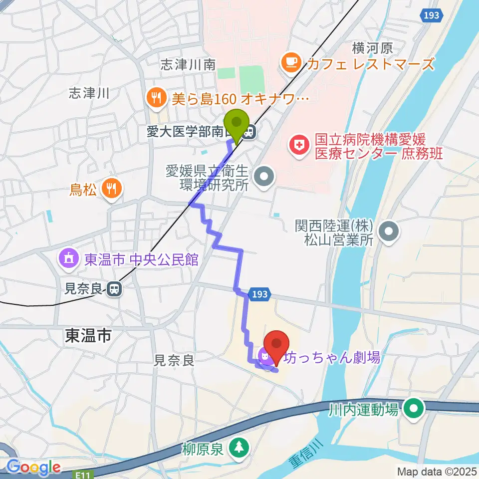 愛大医学部南口駅から東温アートヴィレッジセンター・シアターNESTへのルートマップ地図