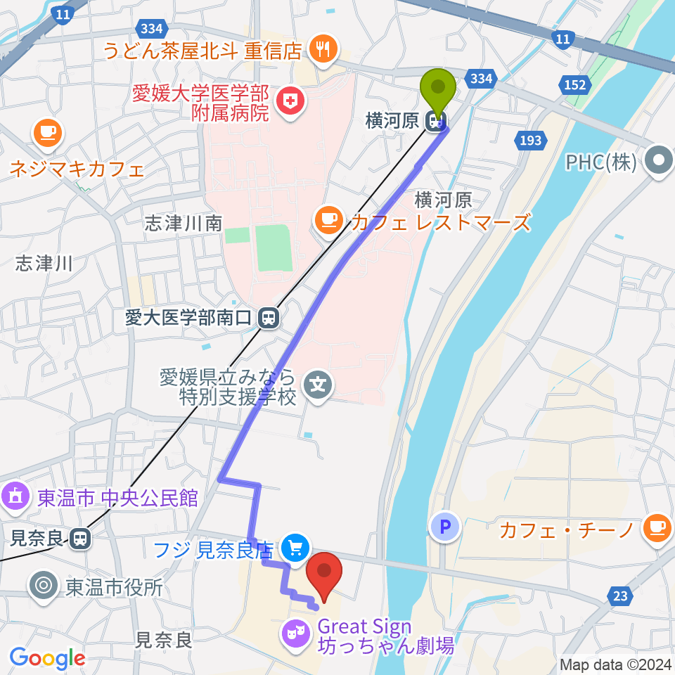 横河原駅から東温アートヴィレッジセンター・シアターNESTへのルートマップ地図