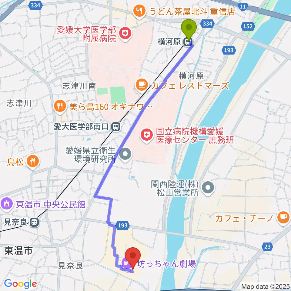 横河原駅から東温アートヴィレッジセンター・シアターNESTへのルートマップ地図