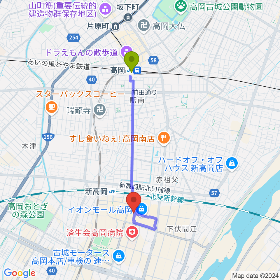 高岡駅からTOHOシネマズ高岡へのルートマップ地図