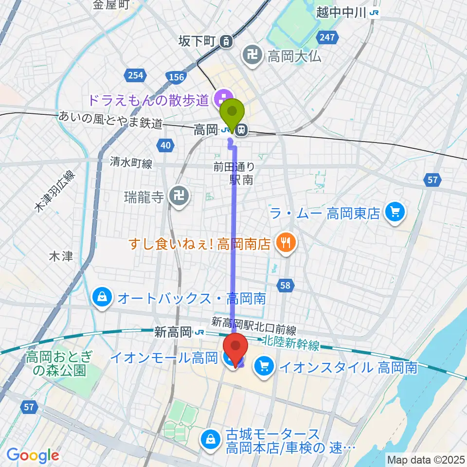 高岡駅からTOHOシネマズ高岡へのルートマップ地図