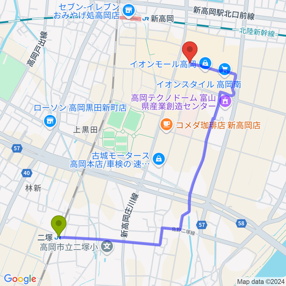 TOHOシネマズ高岡の最寄駅二塚駅からの徒歩ルート（約23分）地図