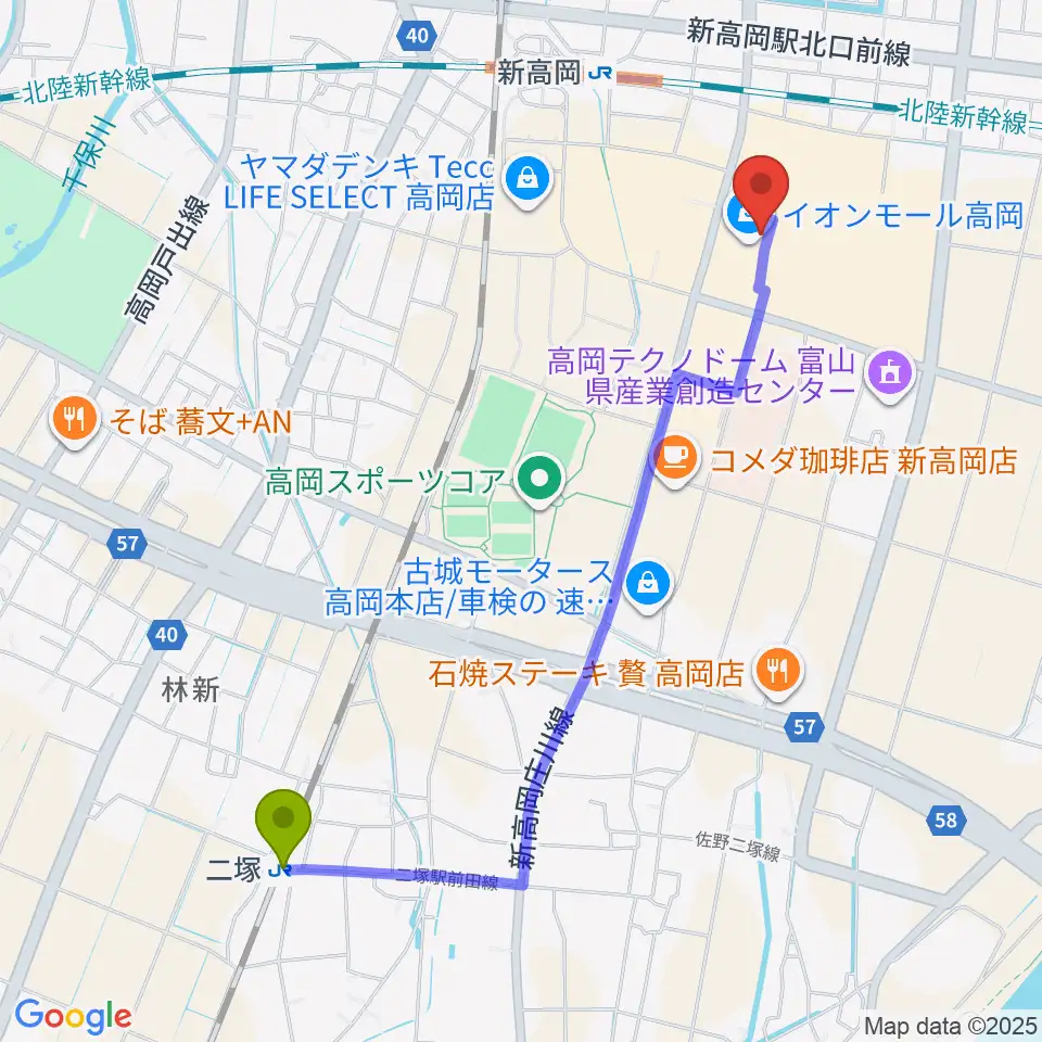 TOHOシネマズ高岡の最寄駅二塚駅からの徒歩ルート（約23分）地図
