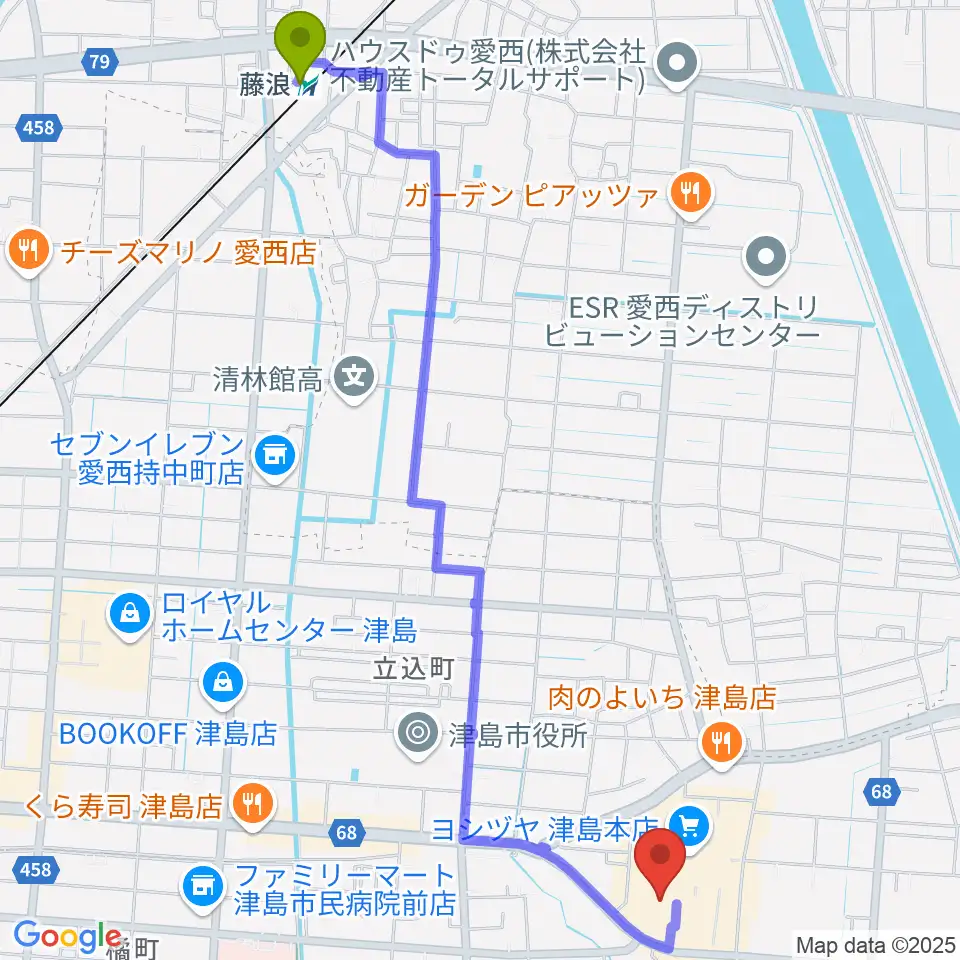 藤浪駅からTOHOシネマズ津島へのルートマップ地図