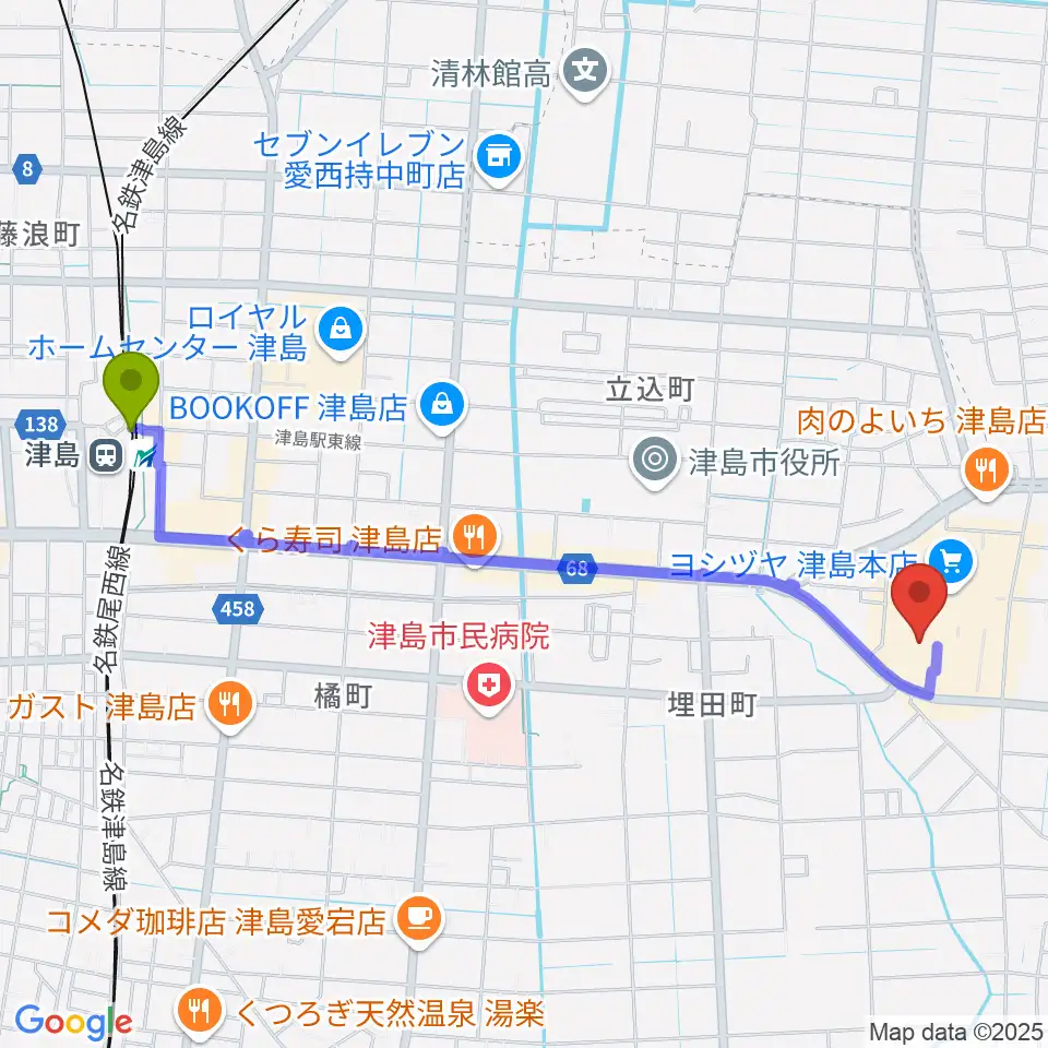 TOHOシネマズ津島の最寄駅津島駅からの徒歩ルート（約24分）地図