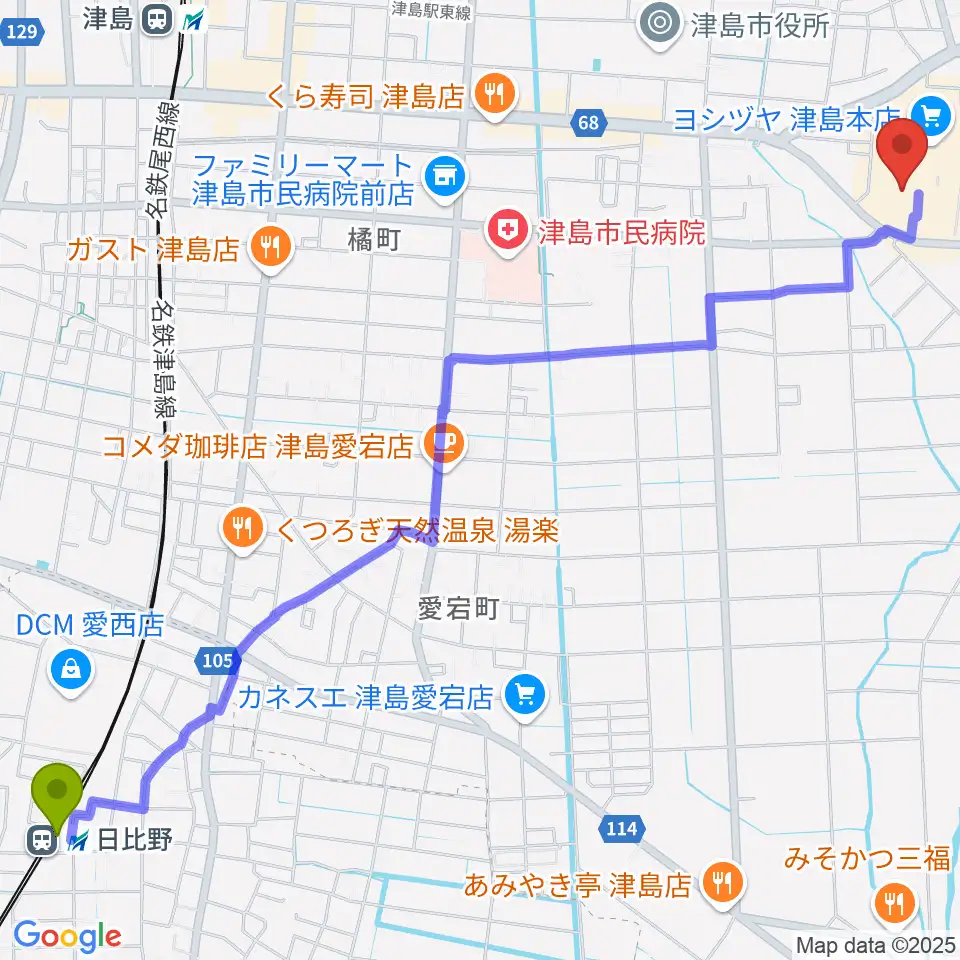 日比野駅からTOHOシネマズ津島へのルートマップ地図