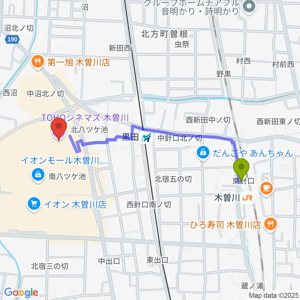 木曽川駅からTOHOシネマズ木曽川へのルートマップ地図