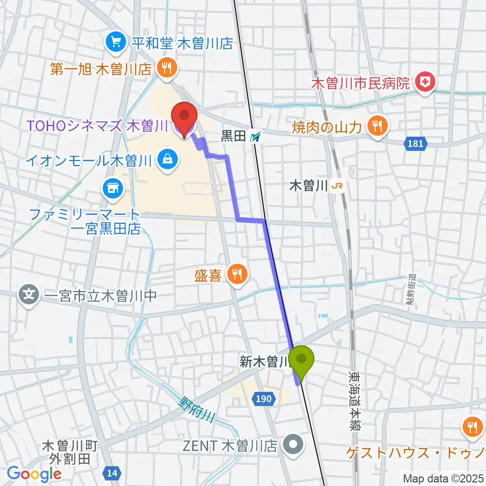 新木曽川駅からTOHOシネマズ木曽川へのルートマップ地図