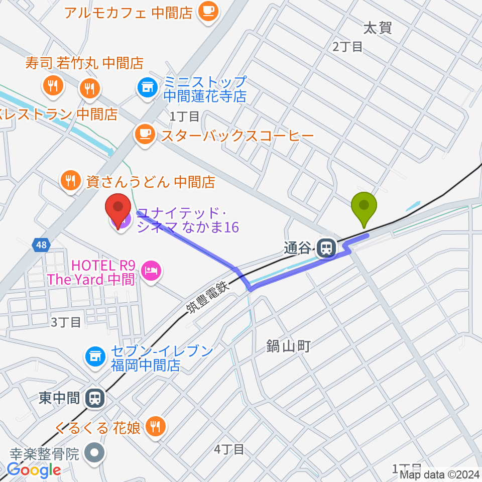 通谷駅からユナイテッド・シネマなかま16へのルートマップ地図