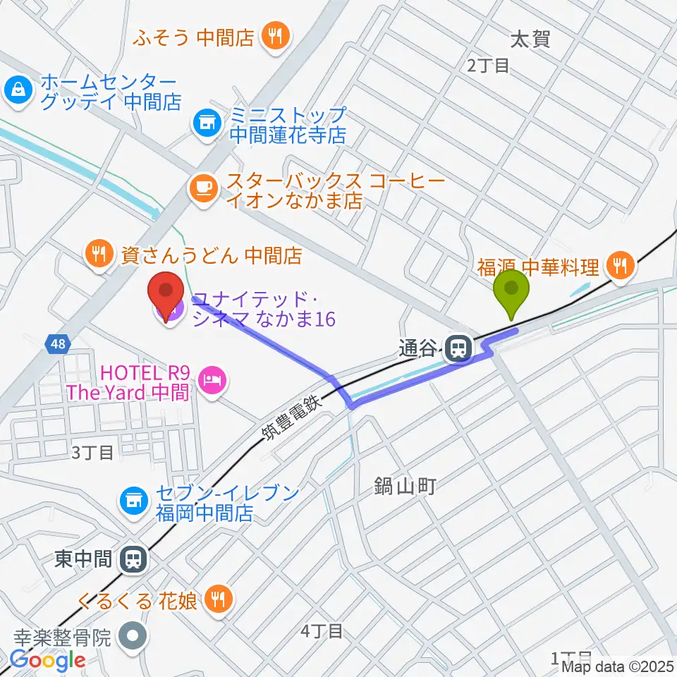 通谷駅からユナイテッド・シネマなかま16へのルートマップ地図