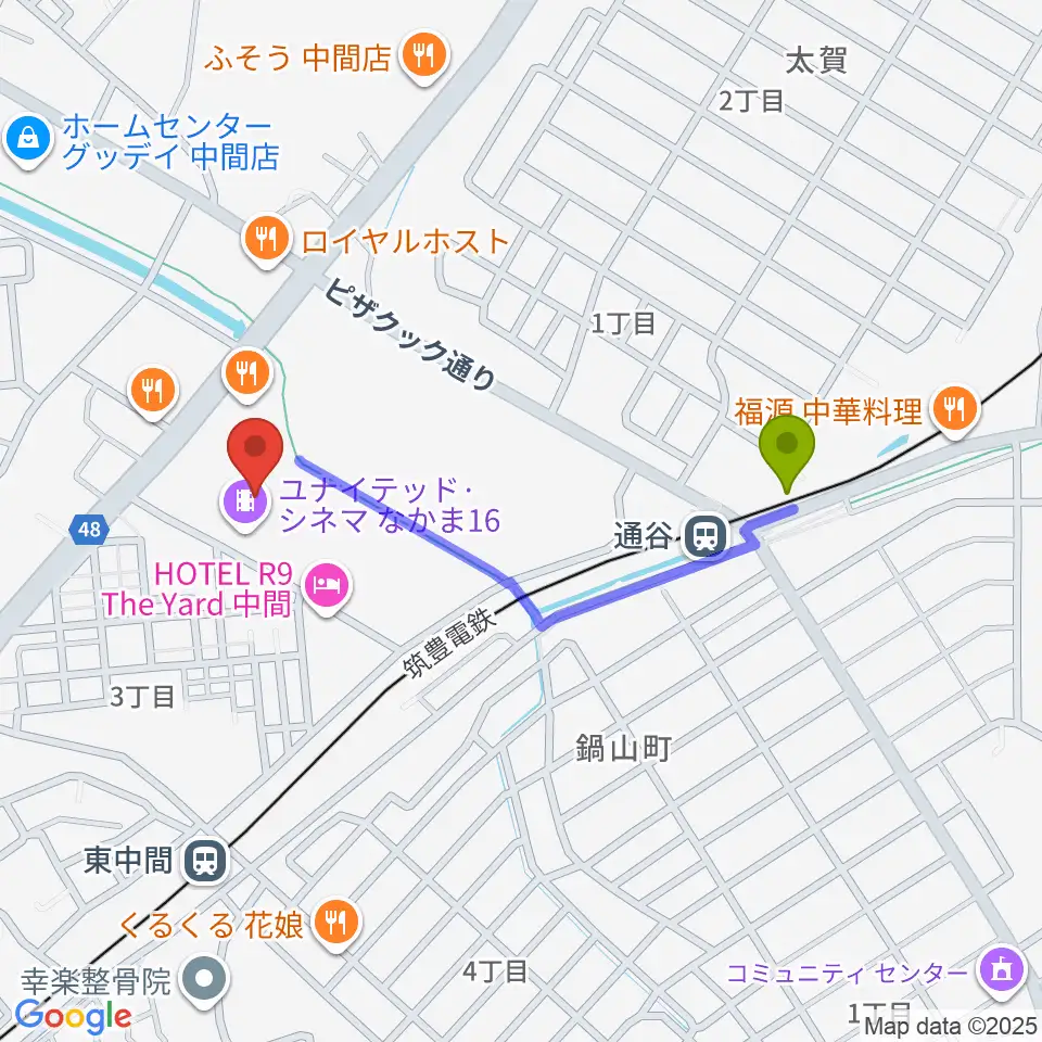通谷駅からユナイテッド・シネマなかま16へのルートマップ地図