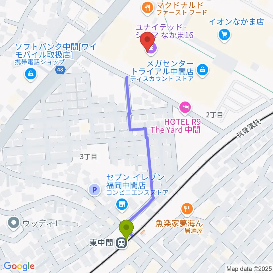 ユナイテッド・シネマなかま16の最寄駅東中間駅からの徒歩ルート（約5分）地図