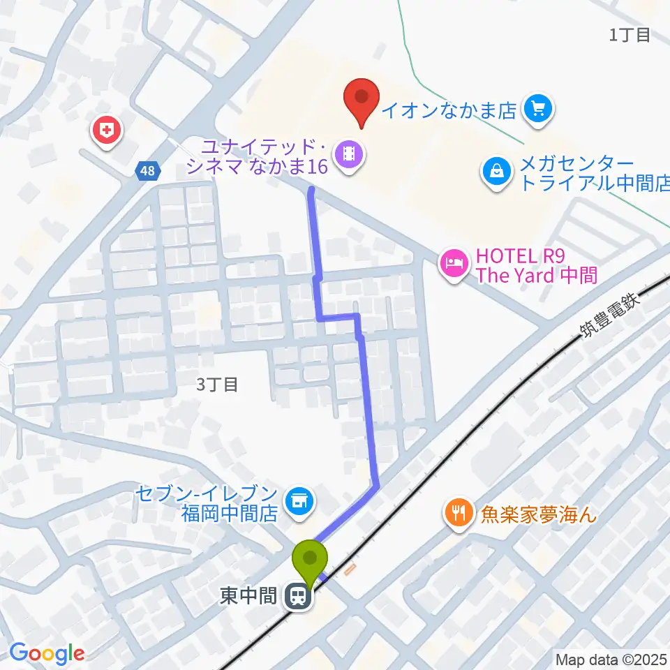 ユナイテッド・シネマなかま16の最寄駅東中間駅からの徒歩ルート（約5分）地図