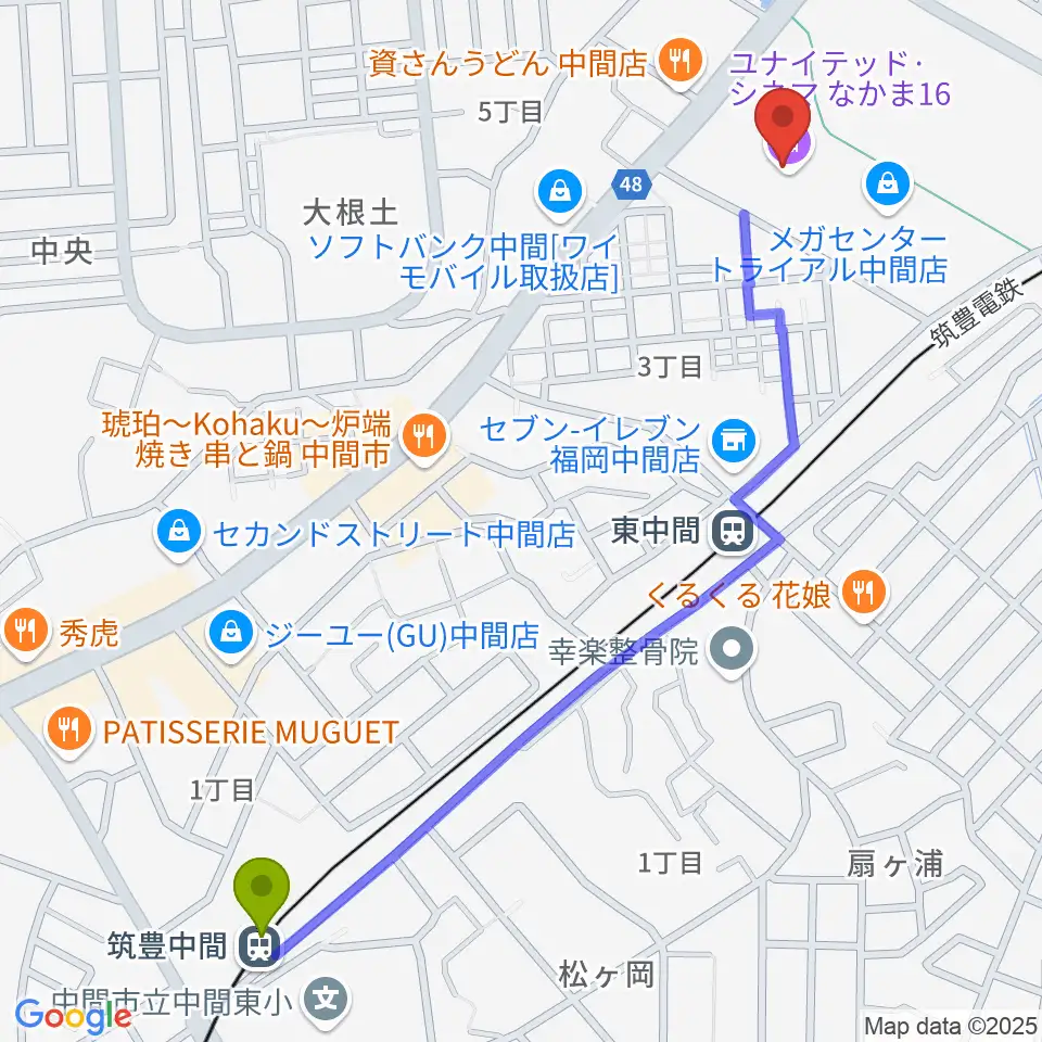 筑豊中間駅からユナイテッド・シネマなかま16へのルートマップ地図