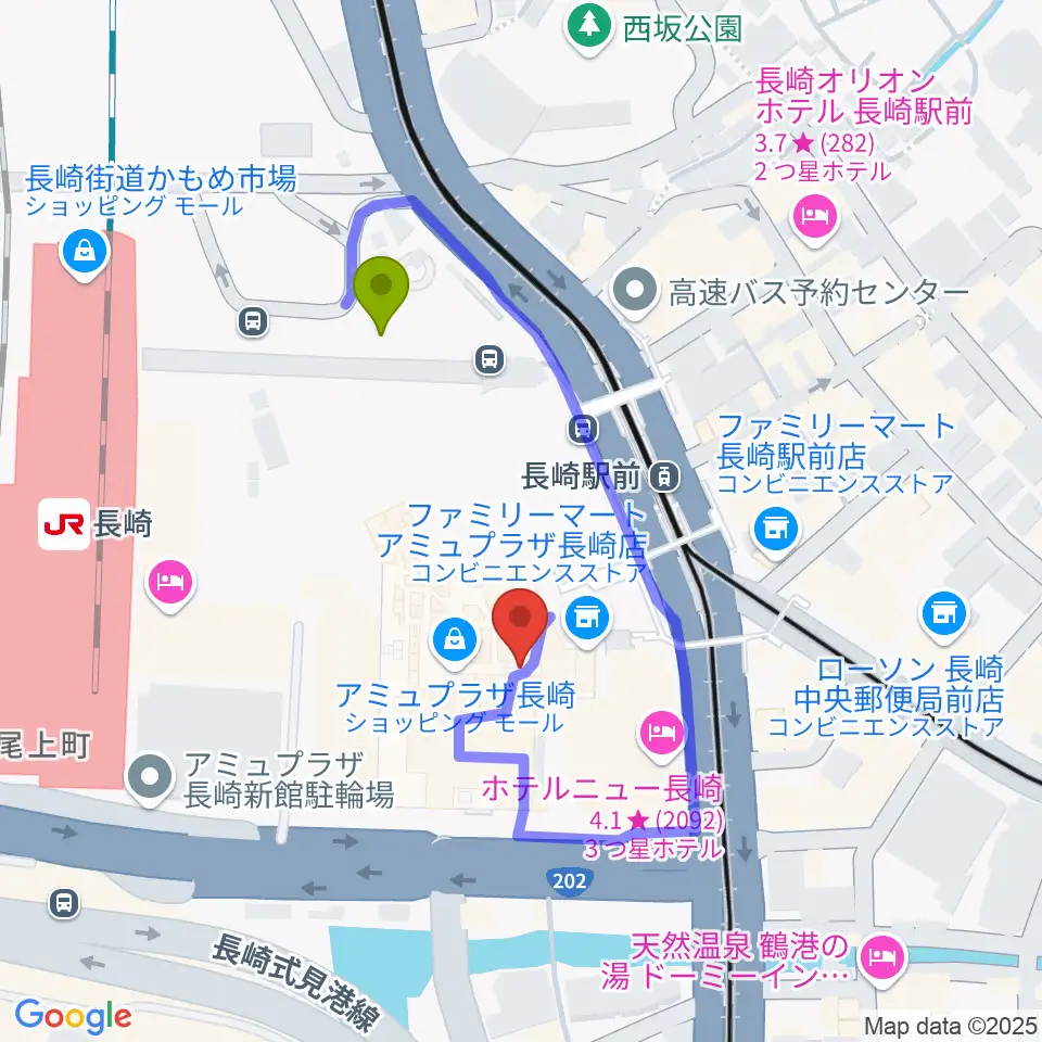 ユナイテッド・シネマ長崎の最寄駅長崎駅からの徒歩ルート（約3分）地図