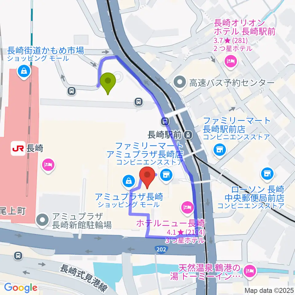 ローソン・ユナイテッドシネマ長崎の最寄駅長崎駅からの徒歩ルート（約3分）地図