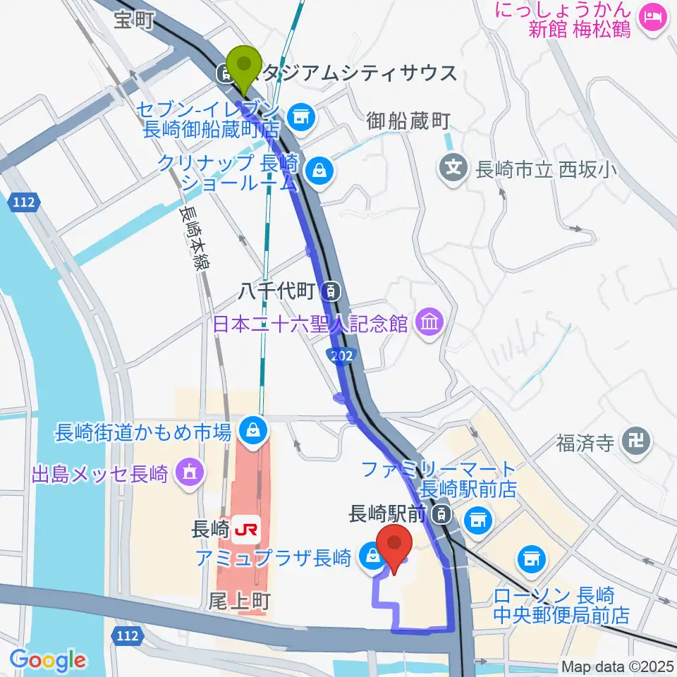 宝町駅からローソン・ユナイテッドシネマ長崎へのルートマップ地図