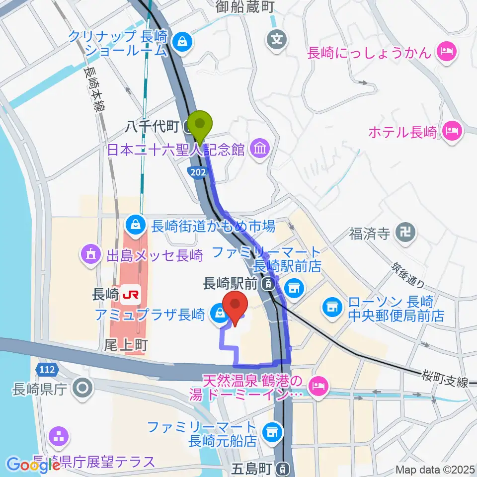 八千代町駅からローソン・ユナイテッドシネマ長崎へのルートマップ地図