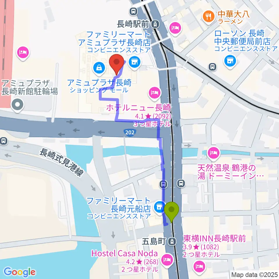 五島町駅からユナイテッド・シネマ長崎へのルートマップ地図