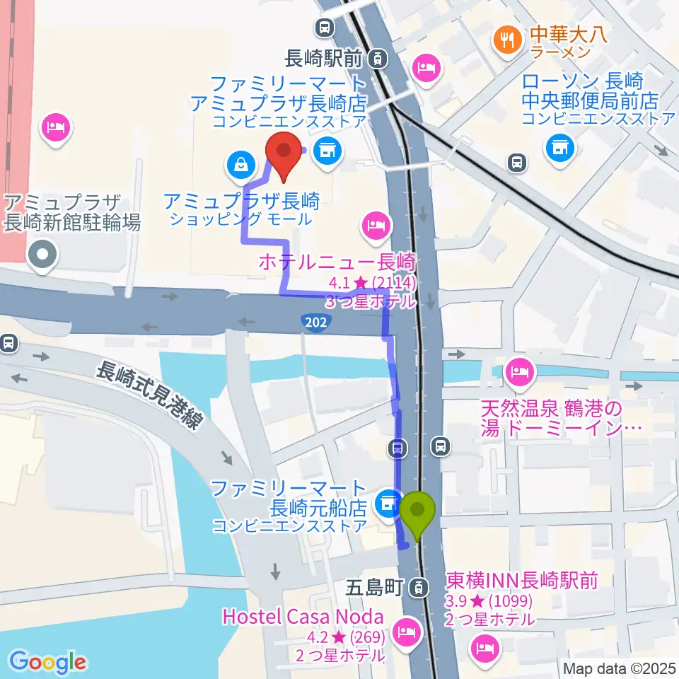 五島町駅からローソン・ユナイテッドシネマ長崎へのルートマップ地図