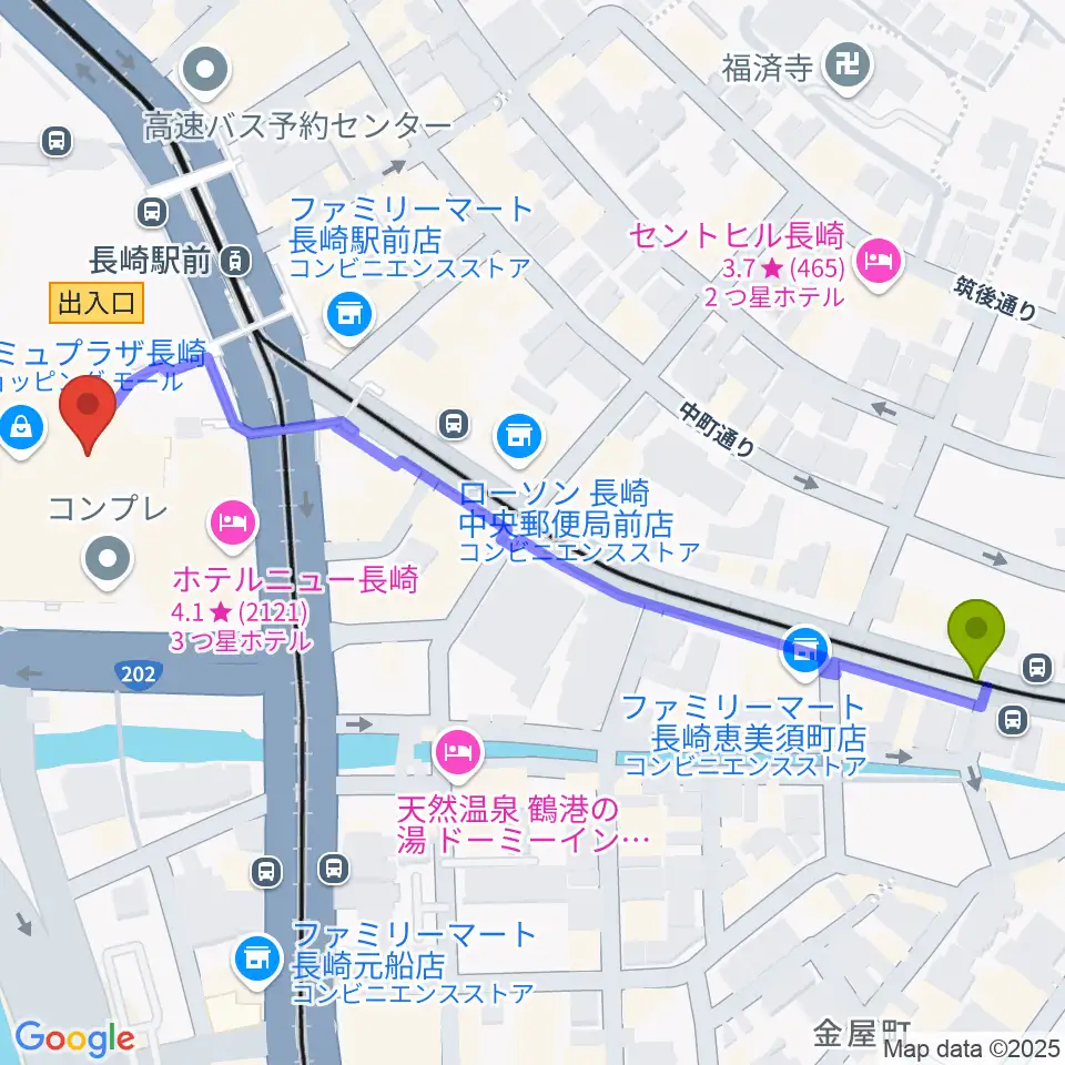 桜町駅からローソン・ユナイテッドシネマ長崎へのルートマップ地図