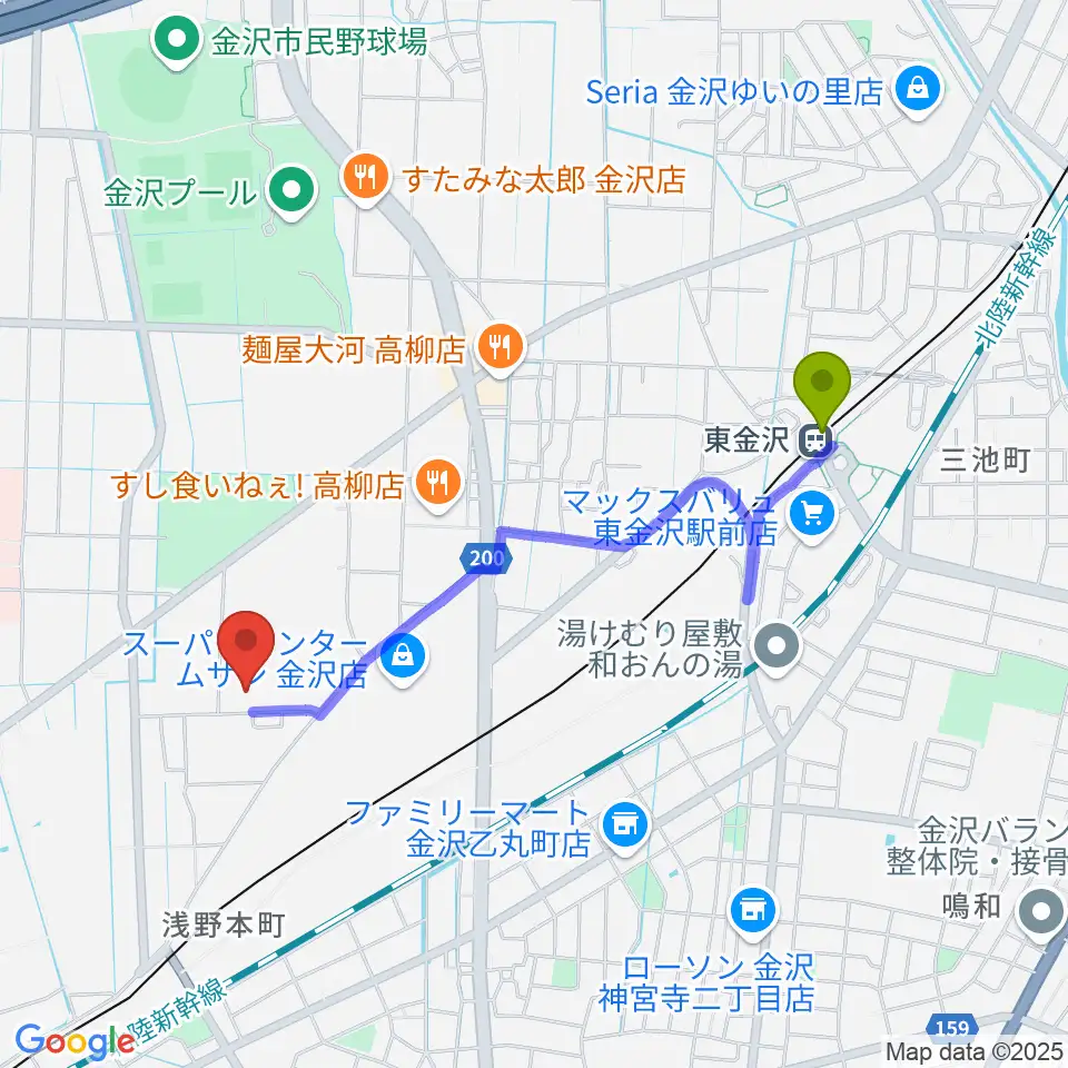 東金沢駅からユナイテッド・シネマ金沢へのルートマップ地図