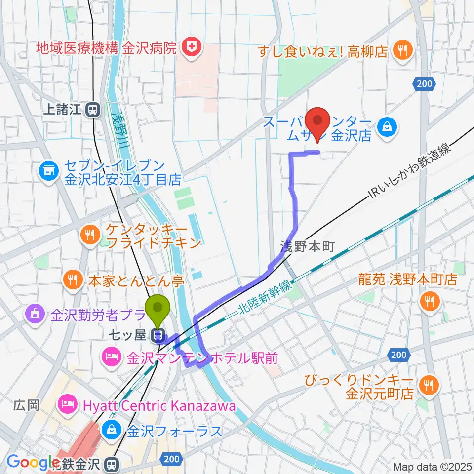 七ツ屋駅からユナイテッド・シネマ金沢へのルートマップ地図