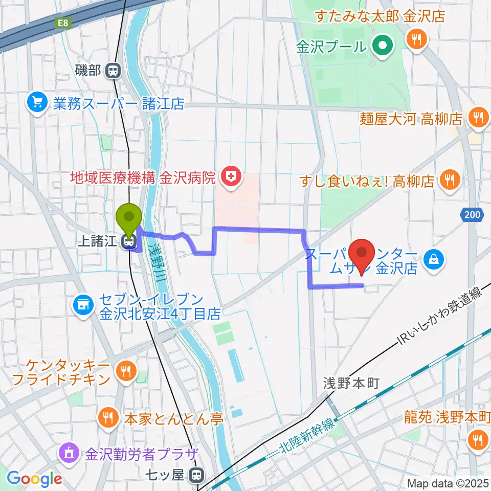 ユナイテッド・シネマ金沢の最寄駅上諸江駅からの徒歩ルート（約15分）地図