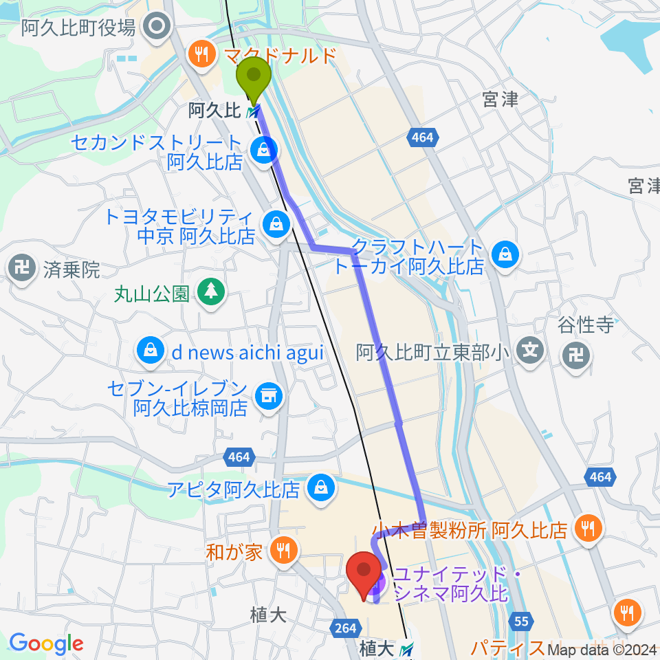 阿久比駅からユナイテッド・シネマ阿久比へのルートマップ地図