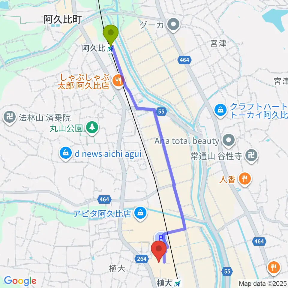 阿久比駅からユナイテッド・シネマ阿久比へのルートマップ地図