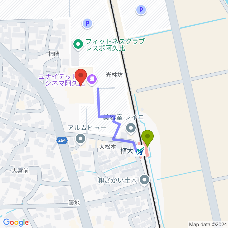 ユナイテッド・シネマ阿久比の最寄駅植大駅からの徒歩ルート（約3分）地図