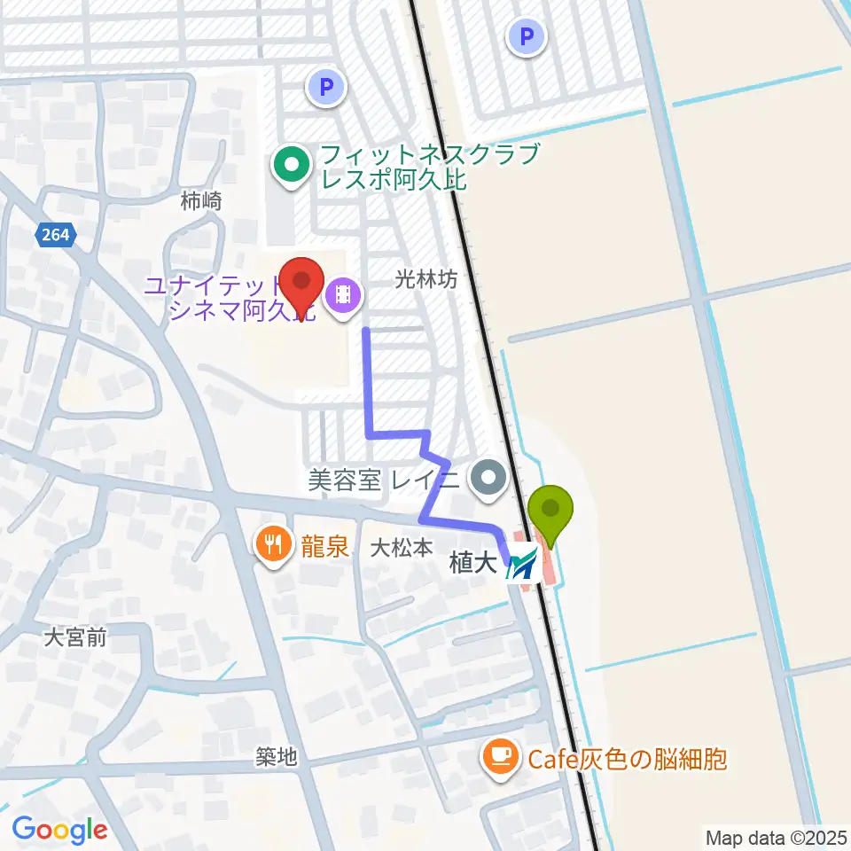 ユナイテッド・シネマ阿久比の最寄駅植大駅からの徒歩ルート（約3分）地図