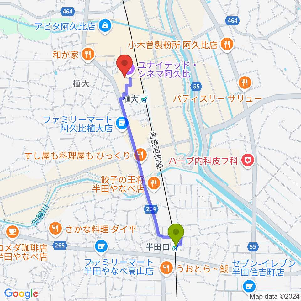 半田口駅からユナイテッド・シネマ阿久比へのルートマップ地図