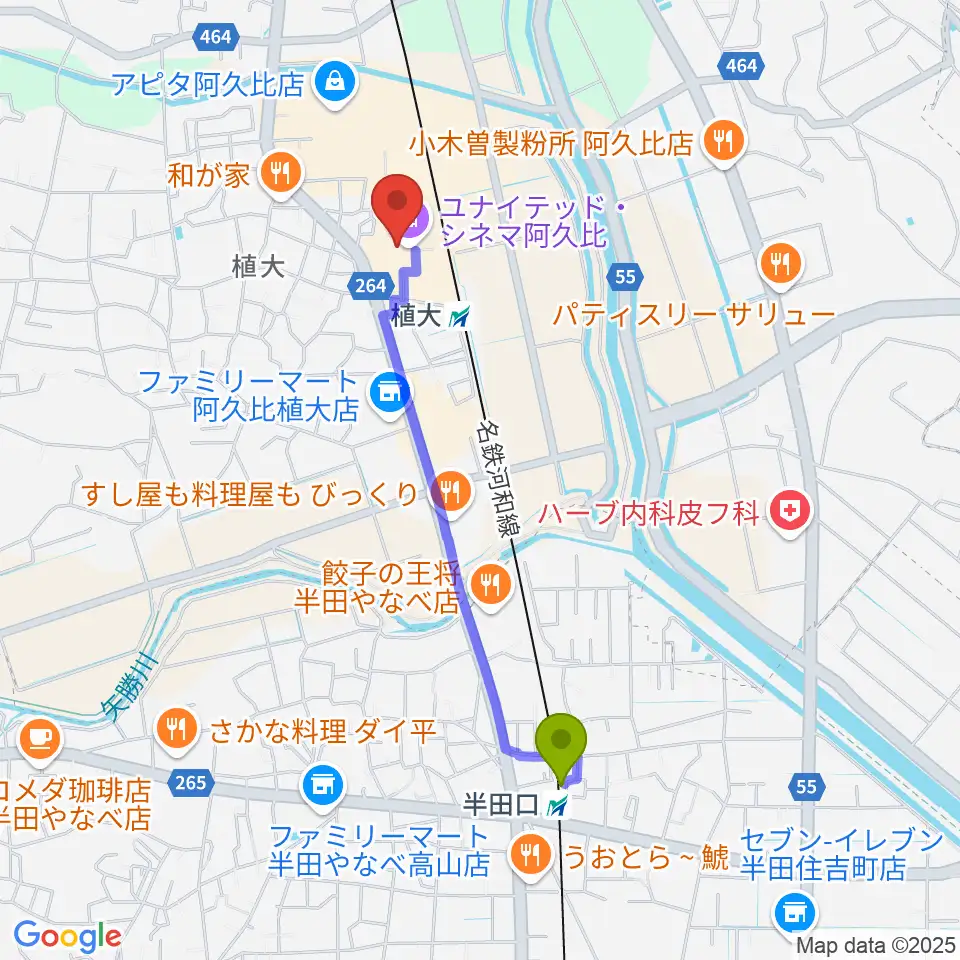 半田口駅からユナイテッド・シネマ阿久比へのルートマップ地図